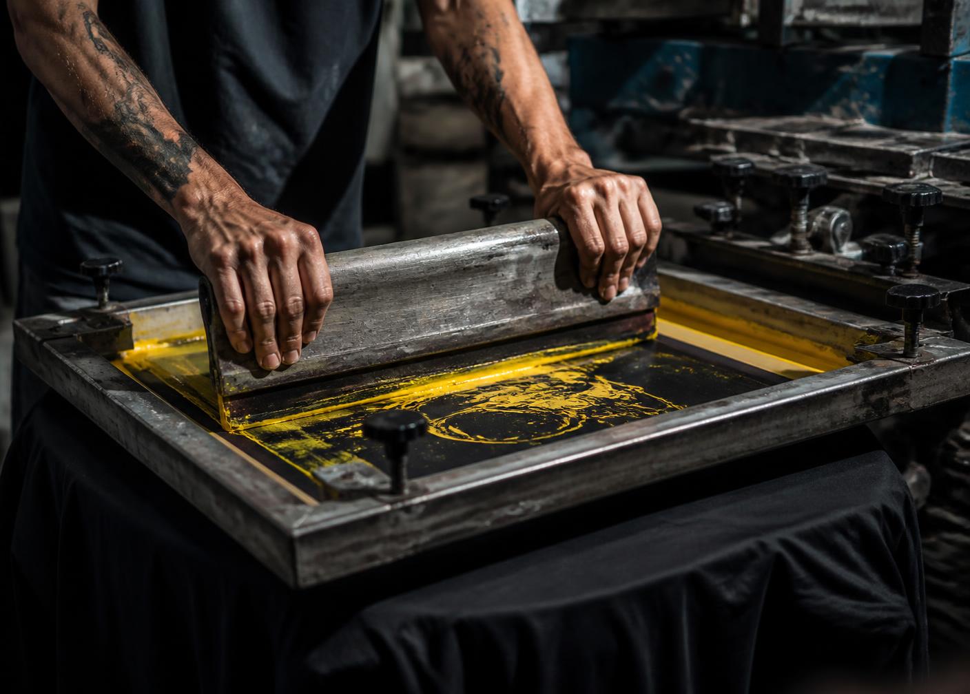 Produção de estamparia em camiseta preta com tinta amarela